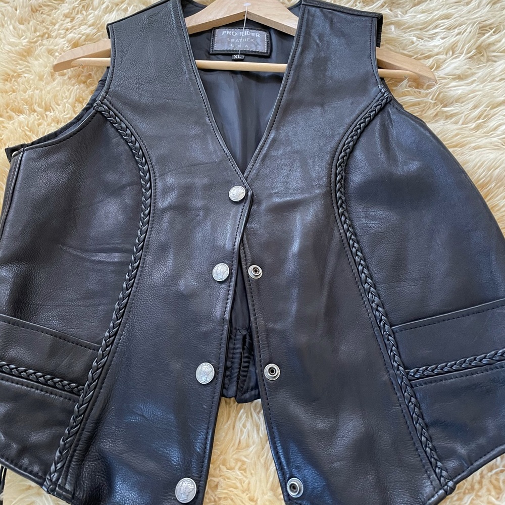 Black leather riding vest— made in USA